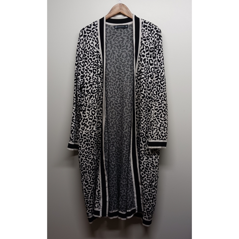New York & Company Black and White Leopard-Print Open Front Long Cardigan